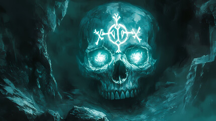 Close-up of a mysterious skull with glowing runes in a cave. Echoing Runes. Illustration