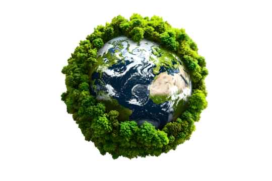 Ecology concept Green planet earth with tress world environment and earth day, Sustainable green Eco-friendly creative idea concept design, isolated on white and transparent background, 
