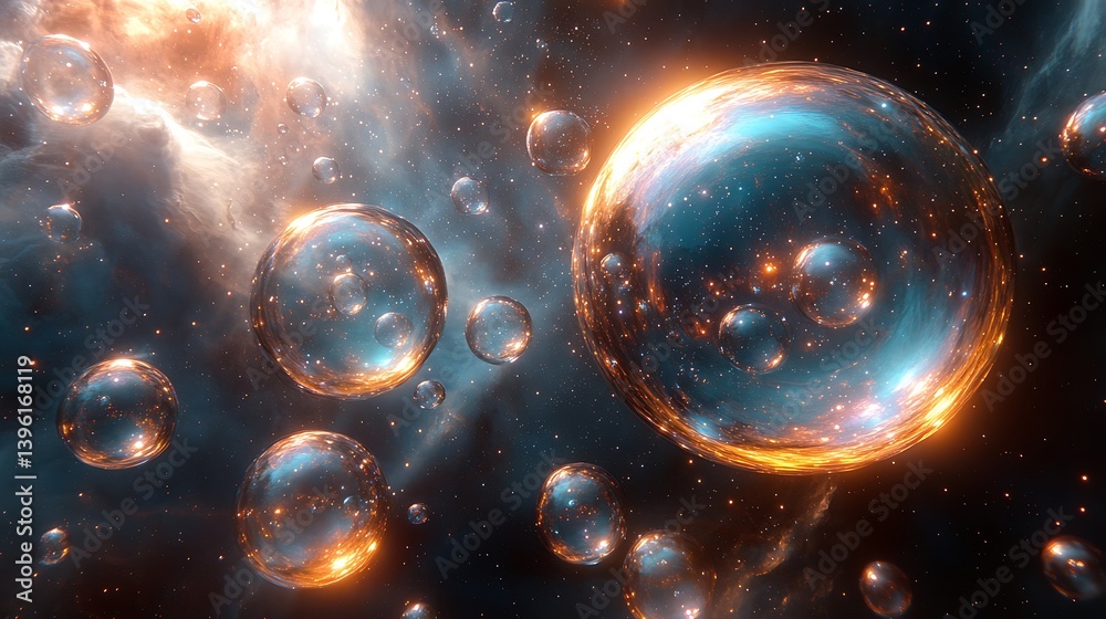 Wall mural a sea of iridescent bubbles floating in a vast space, each reflecting distorted glimpses of unknown 