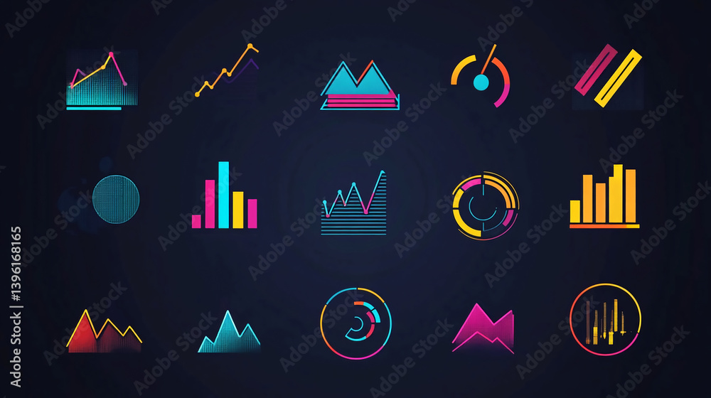 Poster infographic data visualization neon charts and graphs for business analysis and presentation slides 