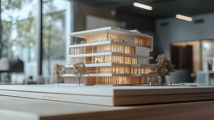 A smart corporate building concept model with energy-efficient features, sitting on a wooden table in a design studio