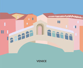 Venice Rialto bridge. illustration Colorful landscape of Italy ancient city. Romantic travel background for cards and posters