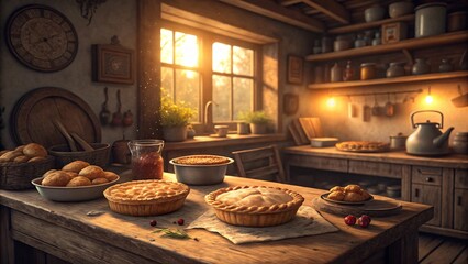 Rustic kitchen warm sunset light bathes homemade apple pies pastries and potatoes creating a cozy