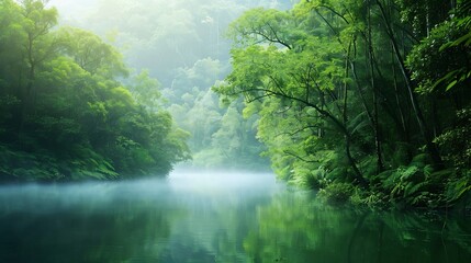 Fototapeta premium Tranquil lake surrounded by dense forests with early morning mist evoking peace and stillness perfect for meditation relaxation and wellness focused campaigns
