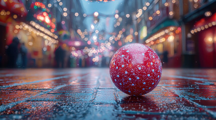 Fototapeta premium A glistening red Christmas ornament rests on a wet cobblestone street amidst a blurry background of festive holiday lights and bustling Christmas market crowds du a snowy
