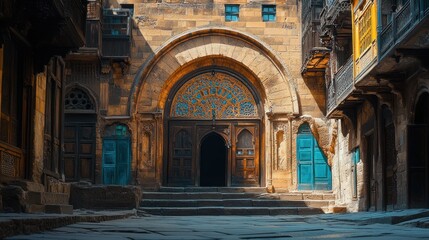 Ancient alleyway with arched doorway.  Intricate stonework, wooden doors, and vibrant colors.  Sunlight filters through the narrow passage