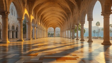 Obraz premium Ancient colonnaded hall bathed in golden sunlight
