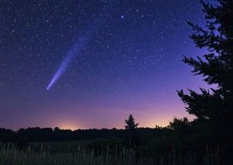 Fototapeta premium Comet Neowise Shines Over Rural Landscape During Night Sky Event