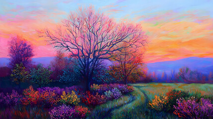 Colorful Meadow at Sunset with a Silhouetted Tree