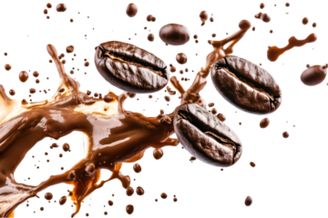 Coffee beans exploding in a splash of rich brown liquid an aromatic delight