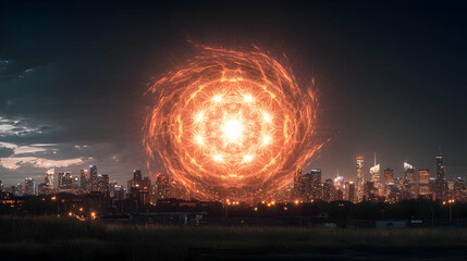 Fototapeta premium Glowing Energy Orb Over Night Cityscape