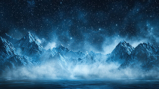 A breathtaking panoramic view of a majestic, snow-covered mountain range under a vibrant, starlit night sky with a serene, misty lake in the foreground creating a mystical winter