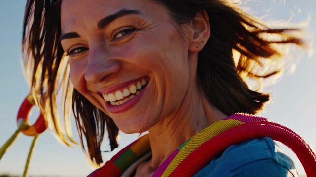 Joyful paragliding adventure in bright sunset with smiling woman