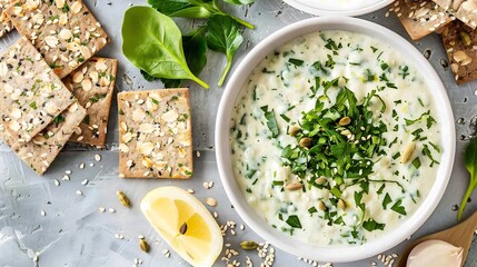 Lemon cardamom labneh dip a white bowl creamy and zesty served with seed crackers
