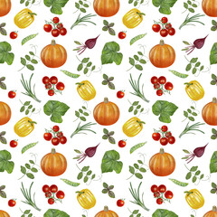 Fall vegetables harvest watercolor seamless pattern isolated on white. Farm plants template with rustic farm design. Orange pumpkin, bell pepper, and cherry tomatoes with green leaves