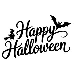 Happy halloween vector lettering, handwritten calligraphy, with spooky spider, web and spooky bats for greeting cards, posters, banners, flyers and invitations, happy halloween text, white background