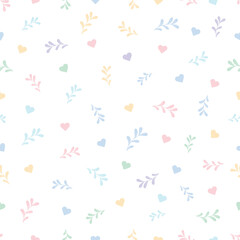 Minimal style plants and hearts texture repeatable design. Vector big seamless pattern with on pastel pink background. Can be used for textile print, wrapping papers, wallpapers or for website.