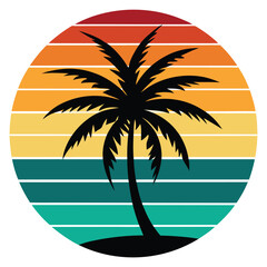 Retro vintage t shirt design tropical summer sunset silhouette of a palm tree on a sandy beach island
