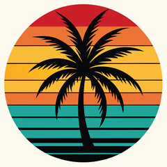 Retro vintage t shirt design tropical summer sunset silhouette of a palm tree on a sandy beach island