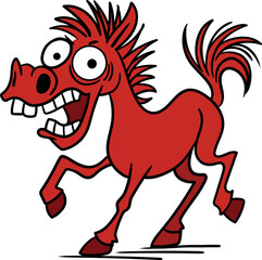 Funny cartoon red horse, the symbol of the year 2026 according to the Chinese zodiac. Vector illustration of a cheerful red horse with a silly expression and exaggerated facial features