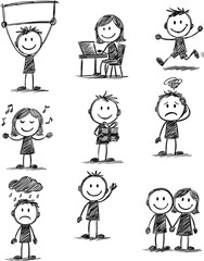  Vector linear figures with different emotions, hand-drawn in one color. A collection of sketch-style figurines depicting various emotions and actions
