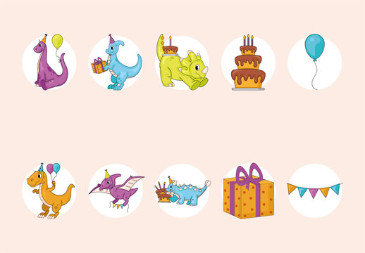 Cute Cartoon Dinosaurs Birthday Party Illustration Set
