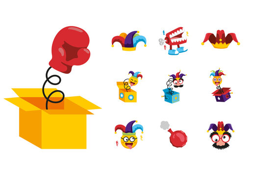 Red Purple Funny Joke Surprise Cartoon Icons Set
