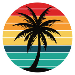Retro vintage t shirt design tropical summer sunset silhouette of a palm tree on a sandy beach island