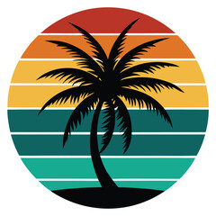 Retro vintage t shirt design tropical summer sunset silhouette of a palm tree on a sandy beach island