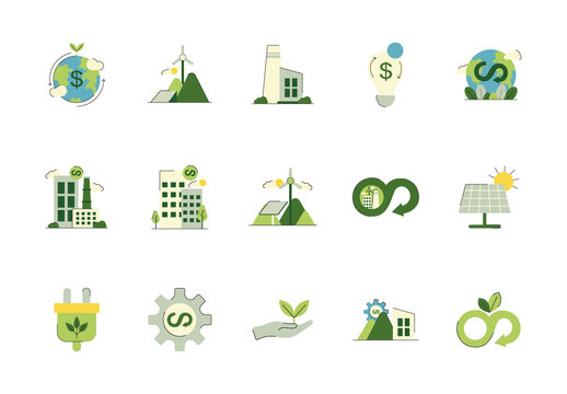 Green Circular Economy Renewable Energy Icons Set