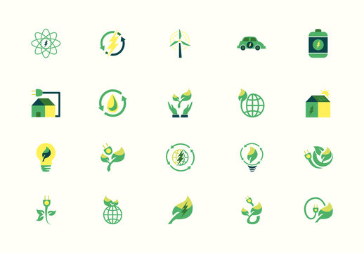 Green Yellow Sustainable Ecology Power Icons Set