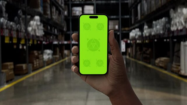 GREEN SCREEN CHROMA KEY A hand holding a smartphone with a green screen in a large warehouse or retail environment, ideal for mockup apps, logistics, or retail interfaces