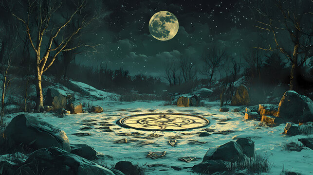 An abandoned altar beneath a full moon, where ancient runes glow faintly on the ground and the air is thick with an ominous presence. Forbidden Runes. Illustration