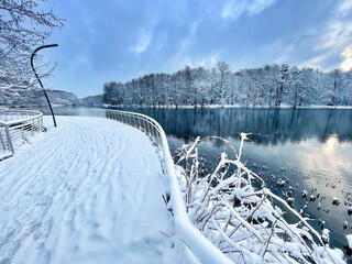 The embankment in Pekhorka Park in April after a snowfall. Balashikha, Moscow Region, Russia