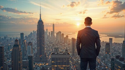 Naklejka premium Manager Gazing at Majestic Cityscape – Reflection on Success and Vision