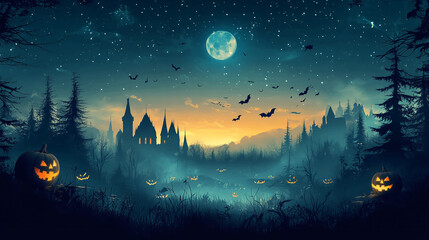 Halloween night scene with pumpkins bats and castle in spooky forest with full moon and stars sky art