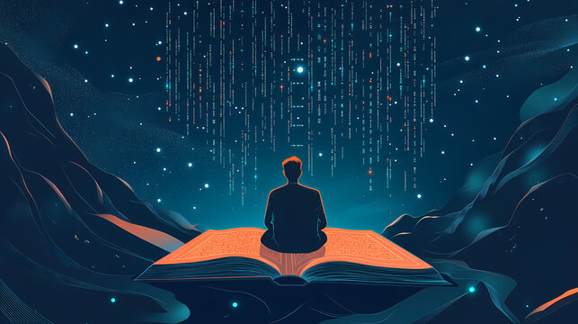 Digital code odyssey, minimalist illustration of a programmer at an ancient book, code flows vertically, deep blue sky conveys infinity, intricate details. Ancient Cipher. Illustration