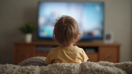 Fototapeta premium Toddler watching television from a cozy bed, back view