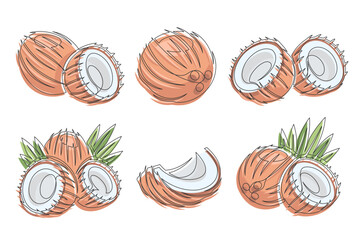 Coconut brown continuous one line drawing icon set. Editable stroke. Outline coconut fruit collections isolated on a white background. Vector illustration