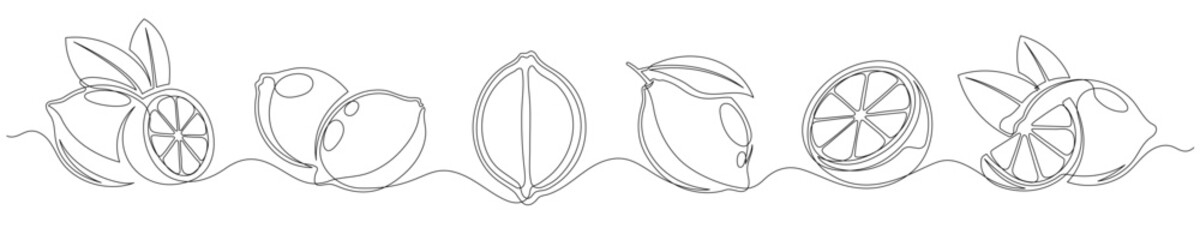 Lemon continuous one line drawing set isolated on a white background. Horizontal banner. Outline lemon citrus collections. Editable stroke. Vector illustration