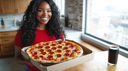 Cheerful Woman Holding Pizza in Modern Kitchen Setting