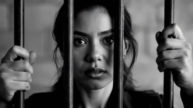 Monochromatic medium close-up of an Asian woman behind jail bars looking serious
