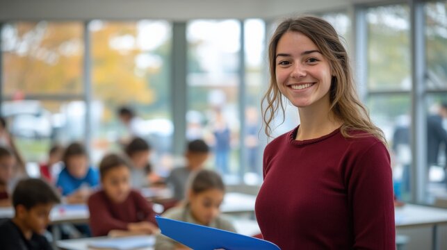 Smiling Young Student Holding Notebook in Bright Classroom