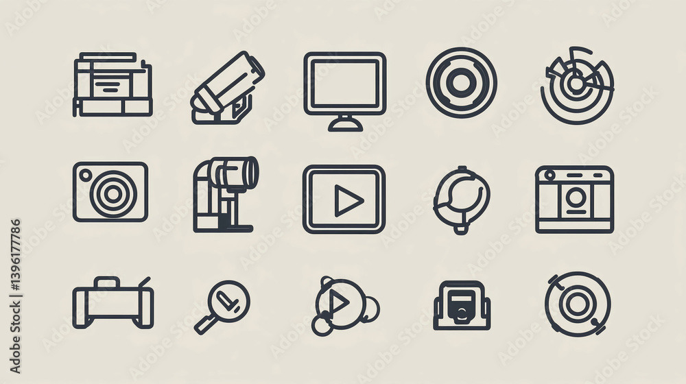 Poster icons set for design and web development with camera monitor and other elements vector line art styl