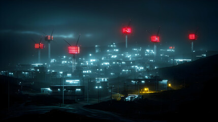 Futuristic Cityscape At Night With Illuminated Buildings And Red Towers
