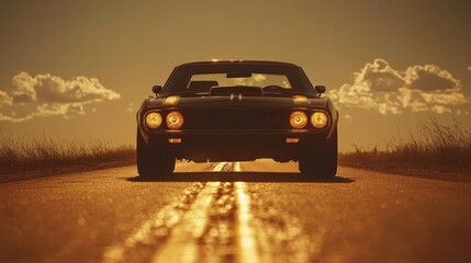 Fototapeta premium Classic Car Silhouette Against Sunset Glow