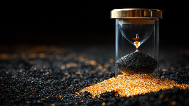 A gold and black hourglass sits on a pile of sand against a dramatically dark background representing the passage of time and the fleeting nature of moments.
