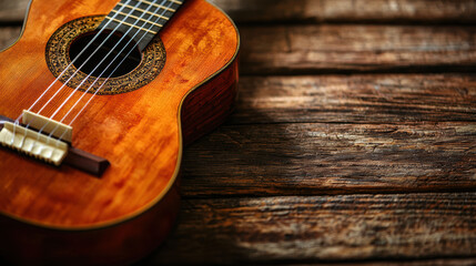 A vintage classical guitar rests on a rustic wooden surface showcasing its rich, warm brown wood grain and intricate details in a high-resolution image perfect for musical