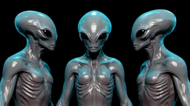 Three Grey Humanoid Aliens with Rib Cage Detail on Black Background