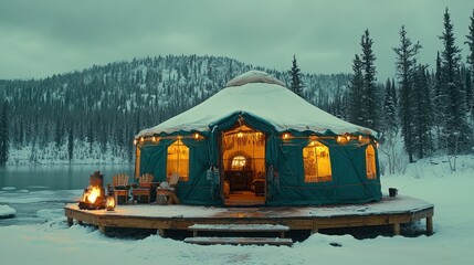 Cozy yurt in snowy landscape